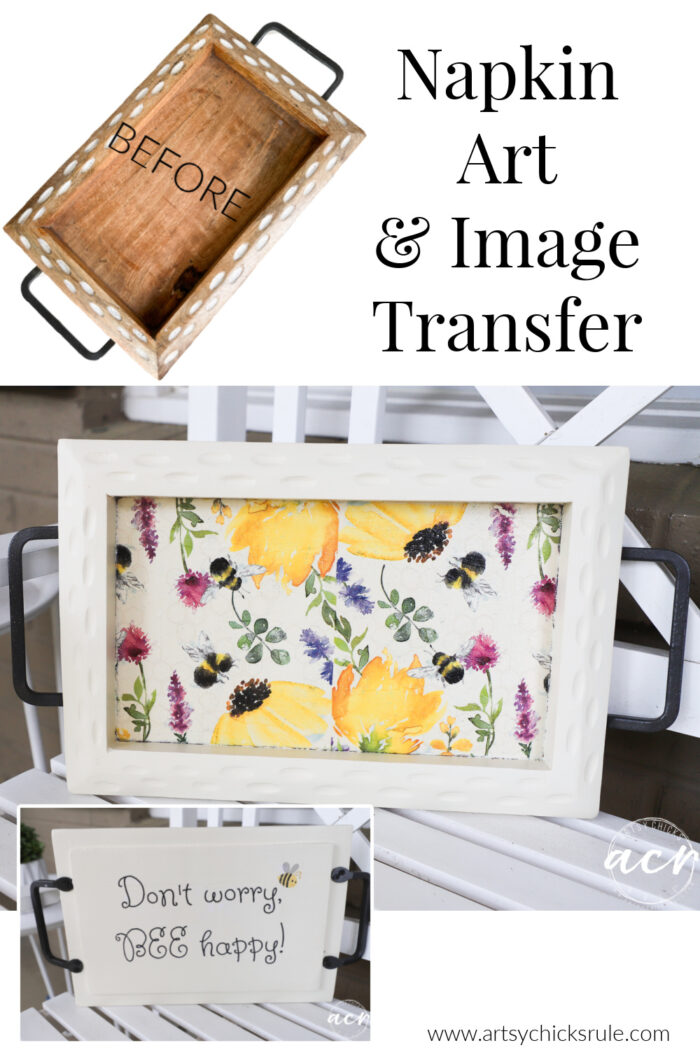 Tray makeover with napkin art and image transfer too! Super simple technique to transfer printed images to your projects! artsychicksrule.com