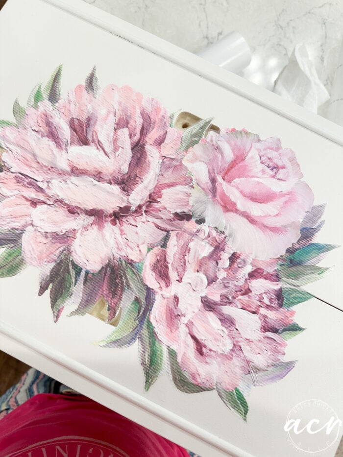 pink floral transfer attached to drawer fronts