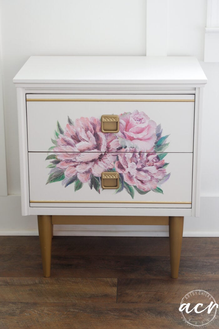 small nightstand reveal white with pink florals on front
