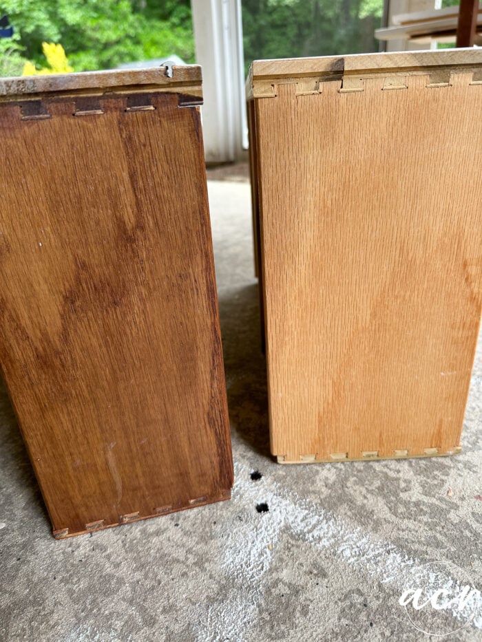 showing the difference on the drawers one with stain one without