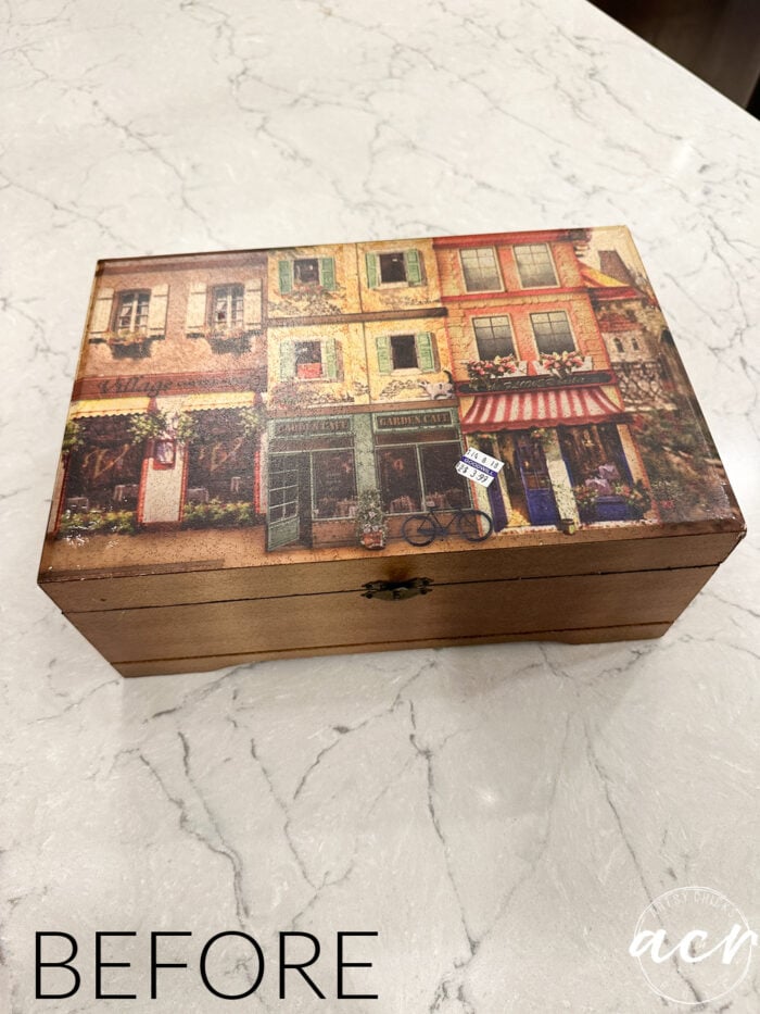 wood box with city scene on top