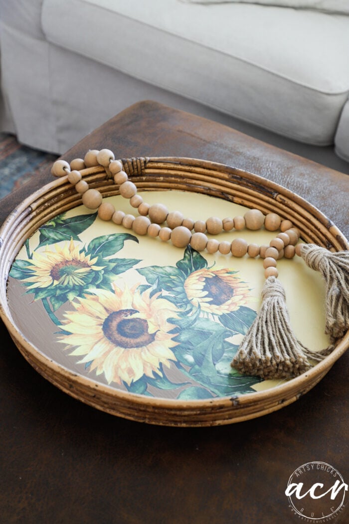 sunflower tray on ottoman with beads