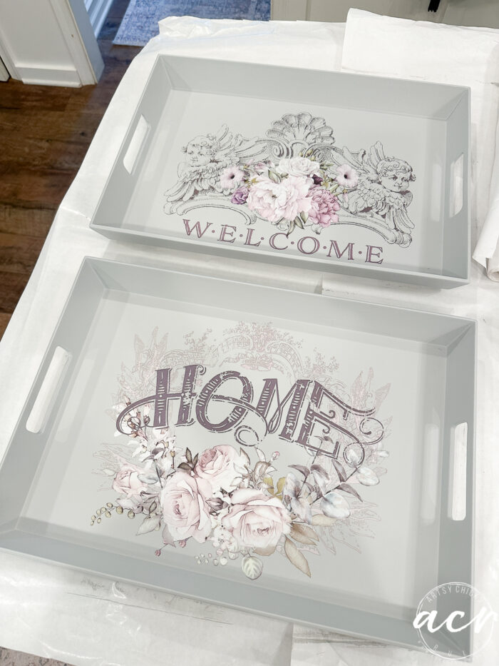 gray trays with transfers 