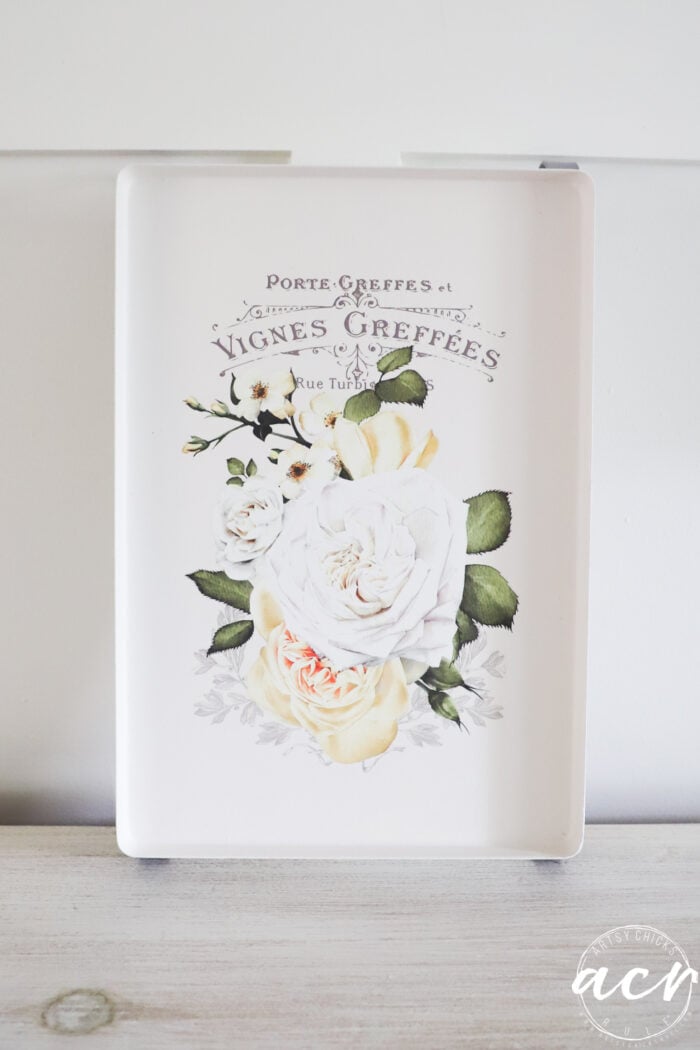 white tray with white and yellow rose transfer