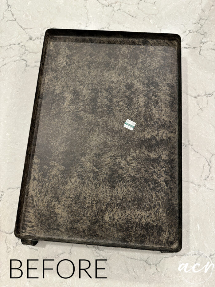 dark metal tray on counter
