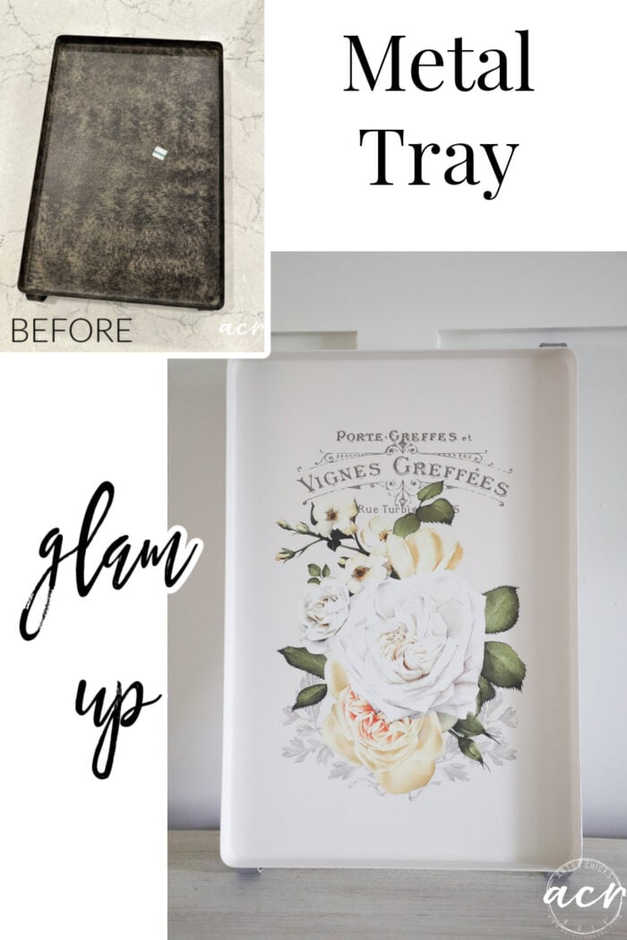 This metal tray glam up just goes to show you can change up just about anything with paint and pretty transfers! artsychicksrule.com