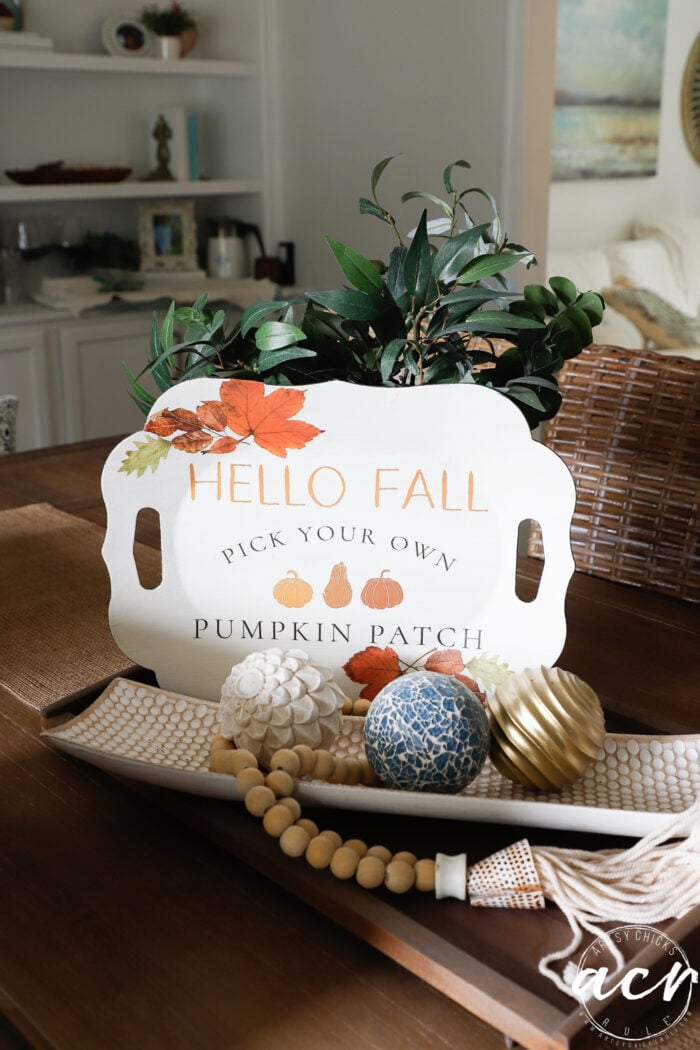 hello fall tray on centerpiece of dining table