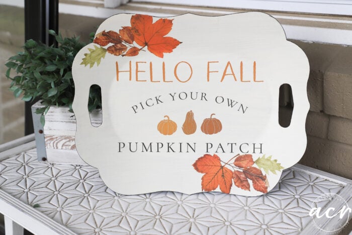 hello fall tray on porch table