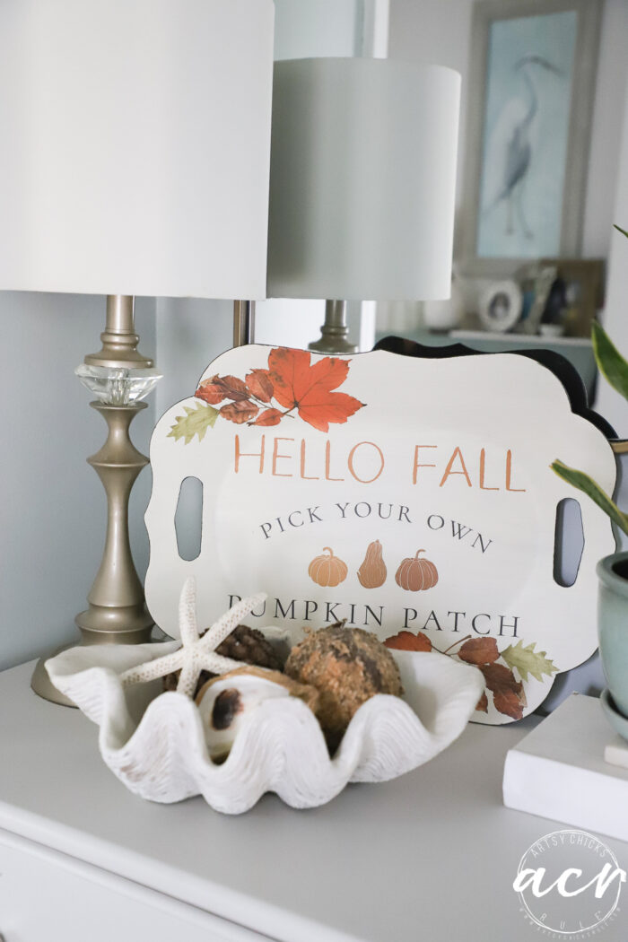 hello fall tray on cabinet in foyer