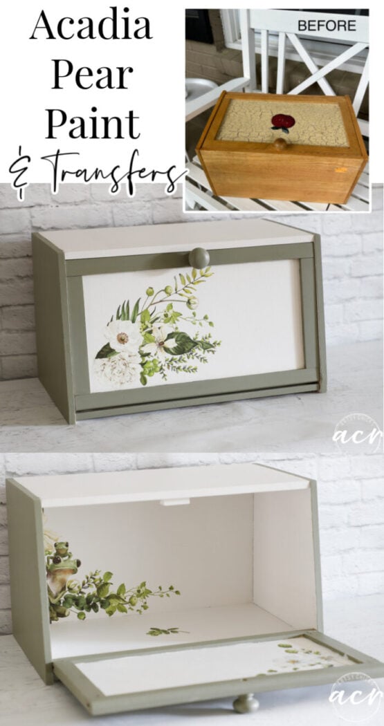 This Acadia Pear paint was the perfect accompaniment to the adorable "froggy" transfer I used to transform this very dated breadbox! artsychicksrule.com