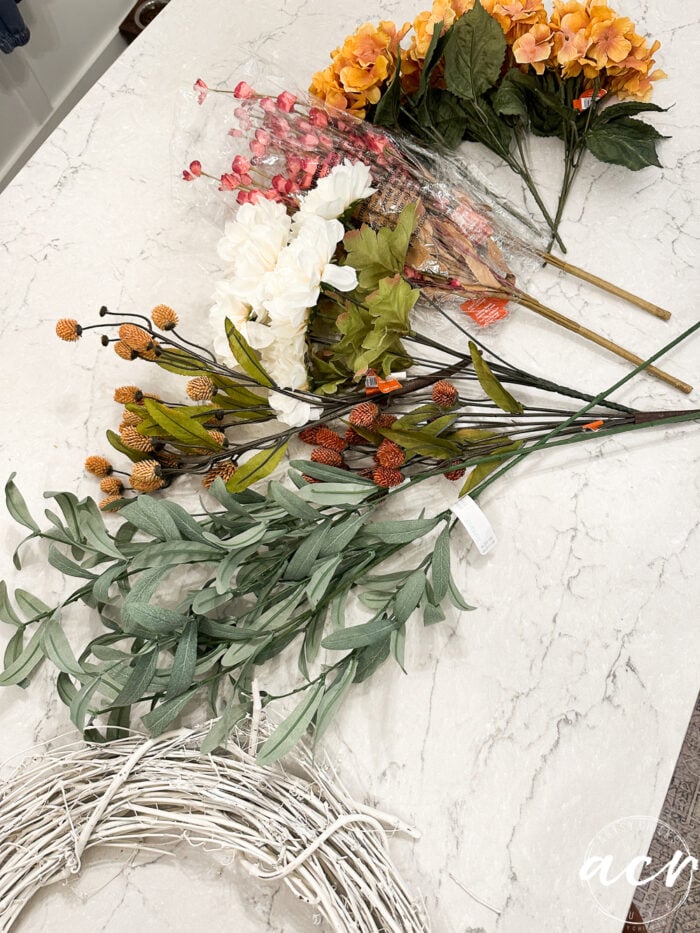 florals and wreath before making wreath