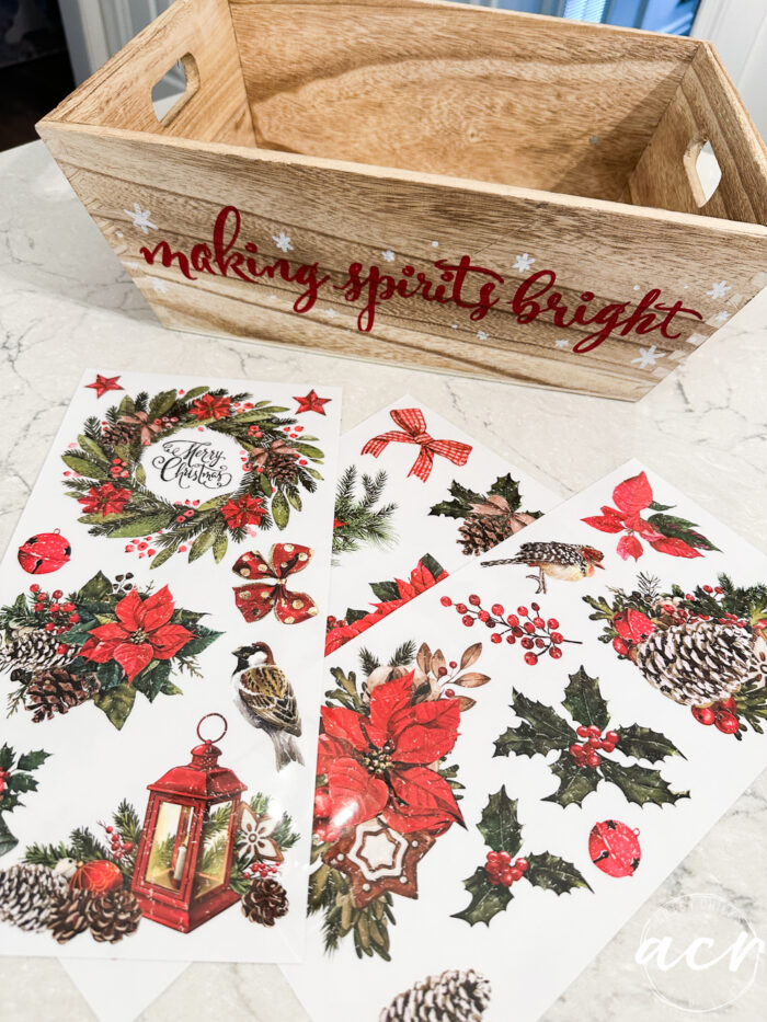 wood box and transfers laying on counter