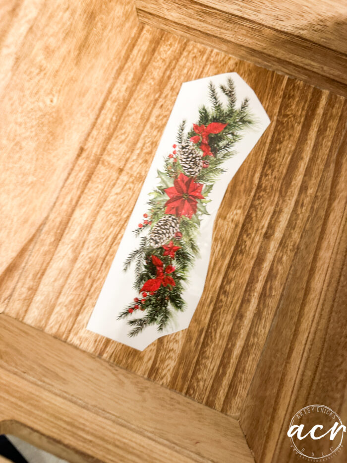 poinsettia transfer in bottom of wood tray