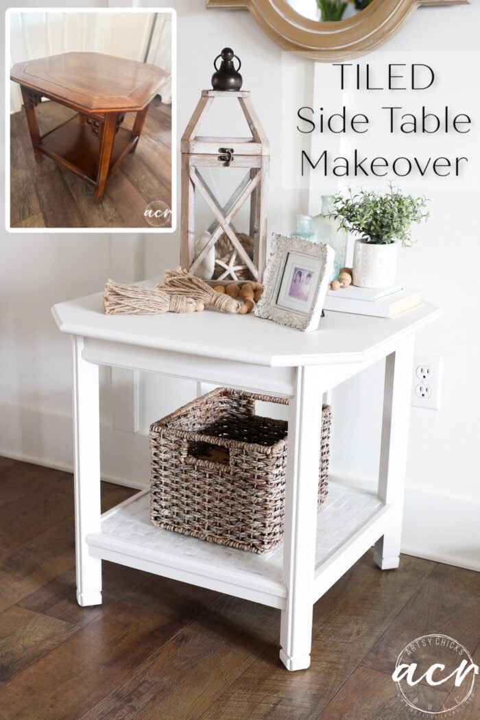 Este cambio de imagen de Sidetabelle de tejas de bricolaje es fácil de replicar. ¡Simplemente seleccione su color y mosaicos y cree su propio look! artychicksrule.com