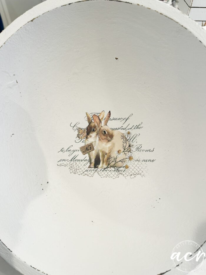 white bowl with cute bunny transfer in very bottom center