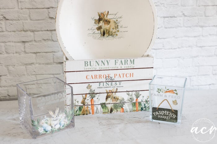 wood bowl crate and glass jars with transfers finished