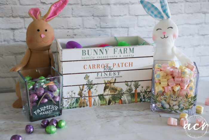 jars and crate filled with candy and eggs