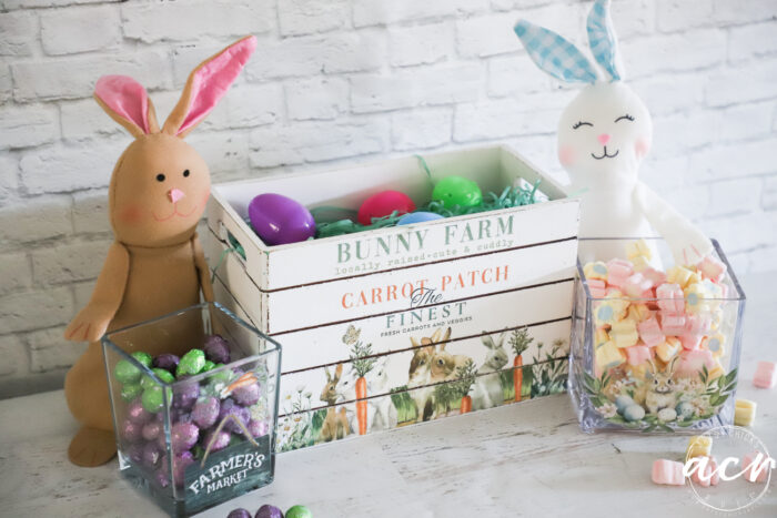 stuffed bunnies beside crate with glass jars filled with candy