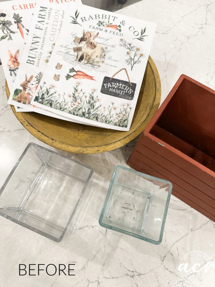 yellow bowl red crate glass jars bunny transfers on counter