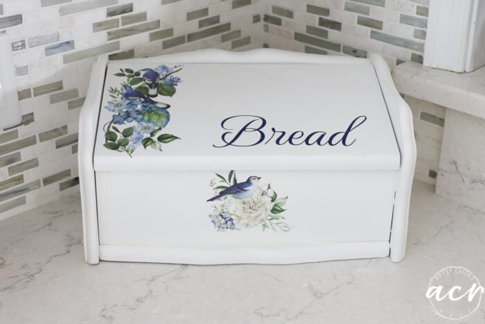 white bread box with blue birds in kitchen