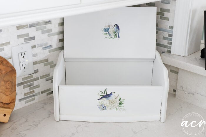 white bread box open on counter