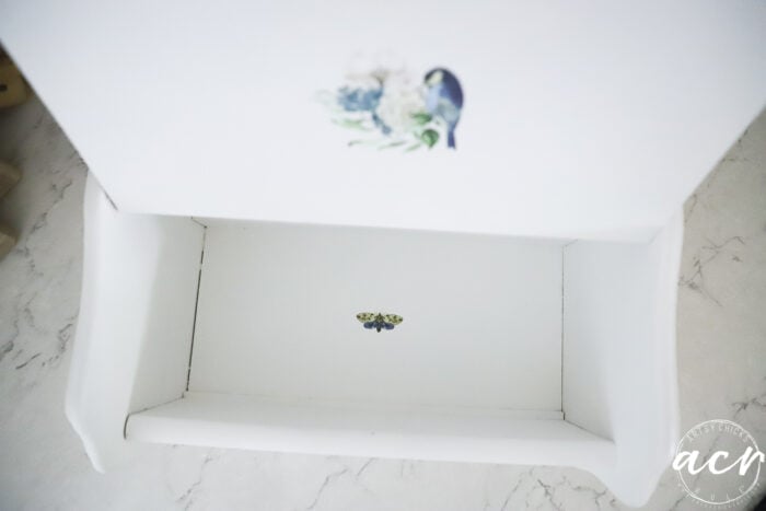 looking down into breadbox to see a blue butterfly