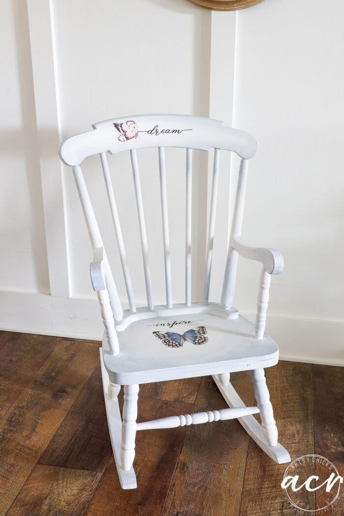 white and blue rocker with butterflies 