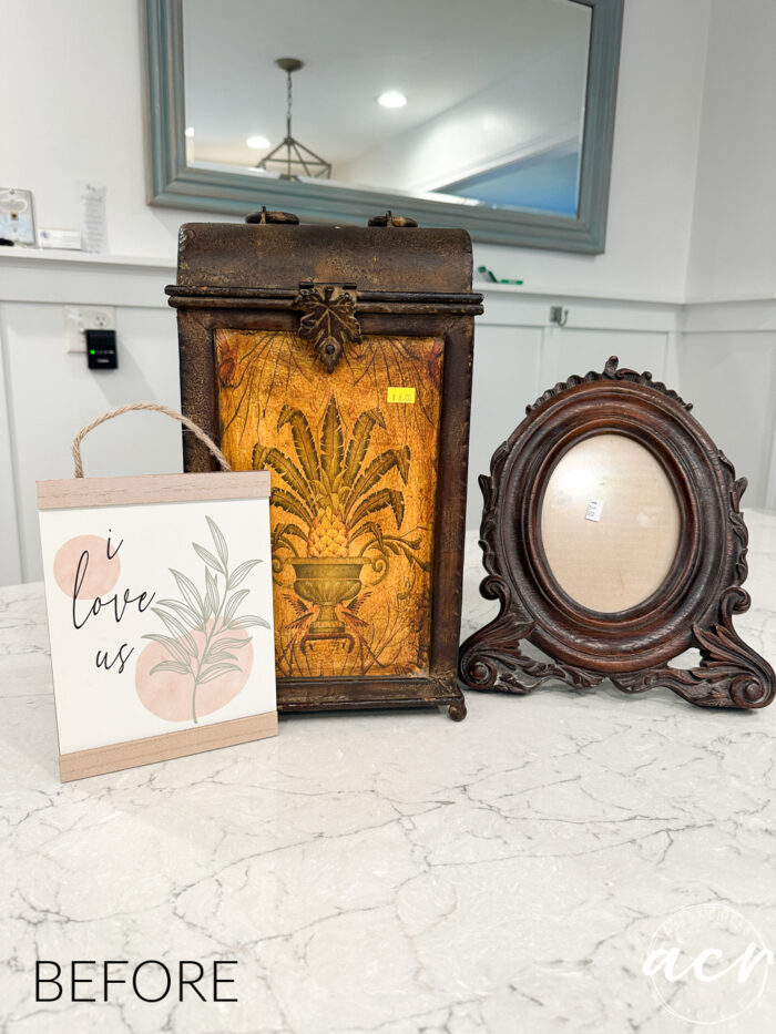 3 small pieces, sign, tall box and wood oval ornate frame