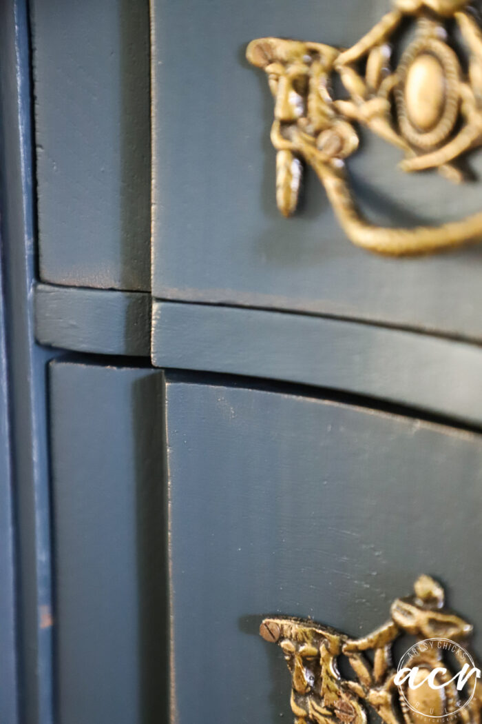 up close blue painted with gold pulls