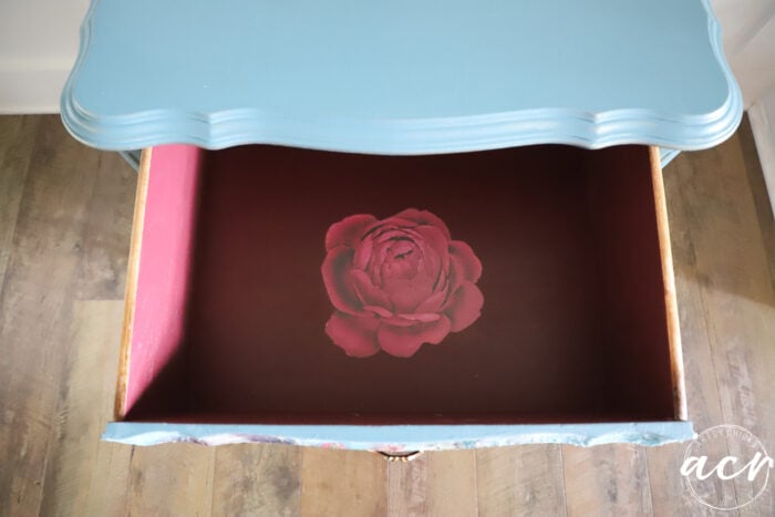 drawer open with rose transfer
