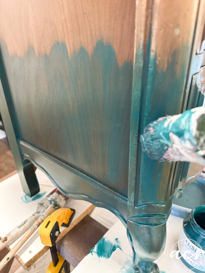 painting side of nightstand with renfrew blue