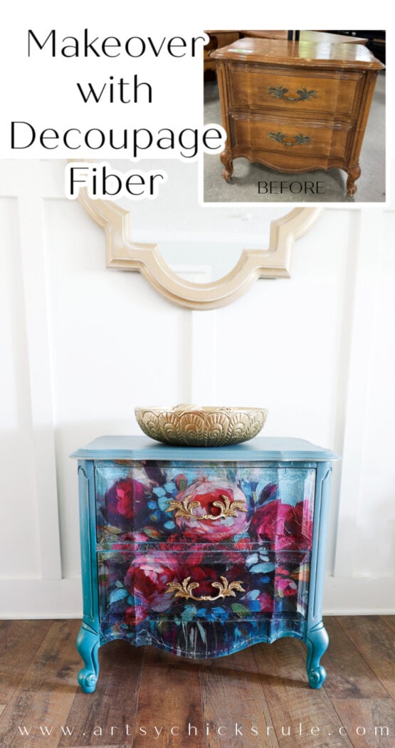 This French Provincial nightstand makeover was knocked up a notch with the gorgeous Burst of Color Decoupage Fiber!