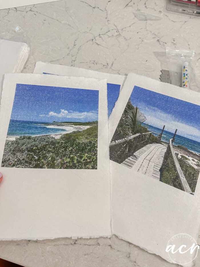 two peices of paper printed with sea scenes