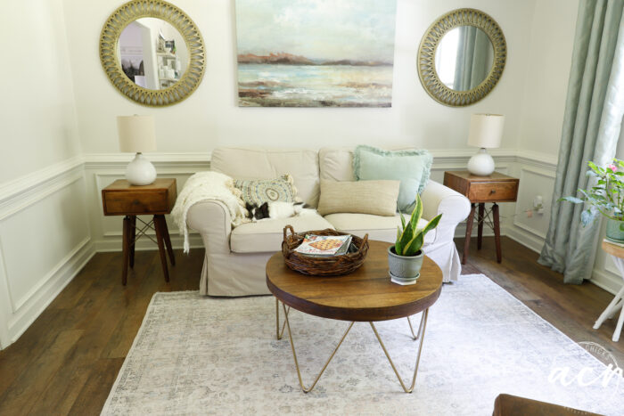 same living room scene with small white and black dog laying on couch