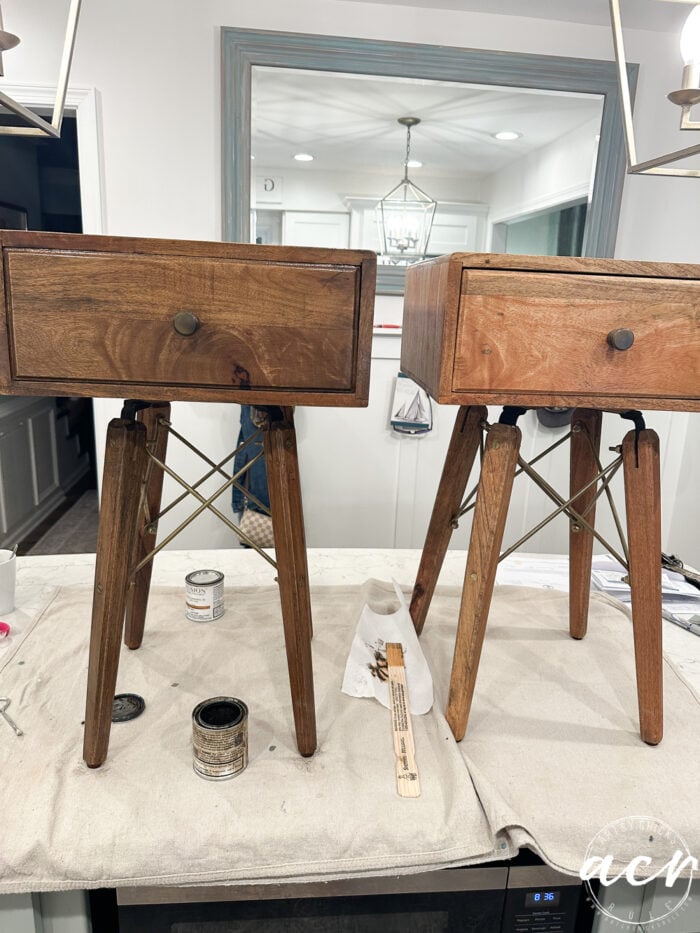 one small side table fully restained and one not