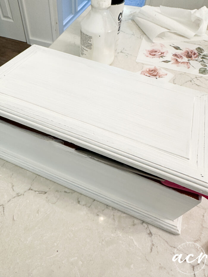 one coat of white paint on jewelry box