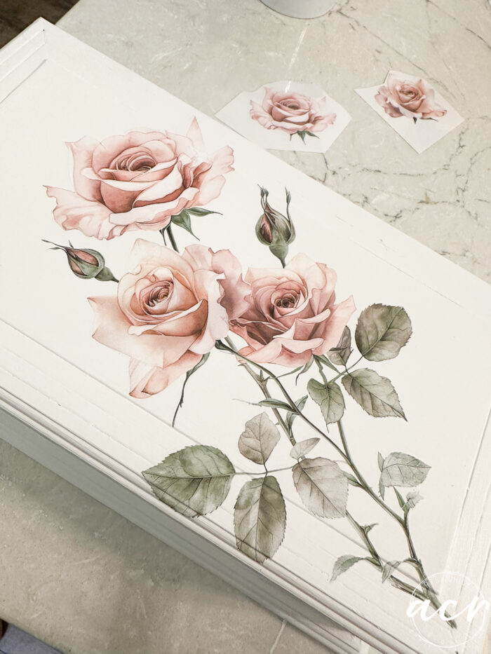 rose transfer attached to the top of the white jewelry box