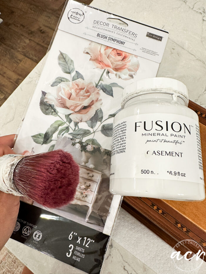 rose transfer paint brush and jar of paint