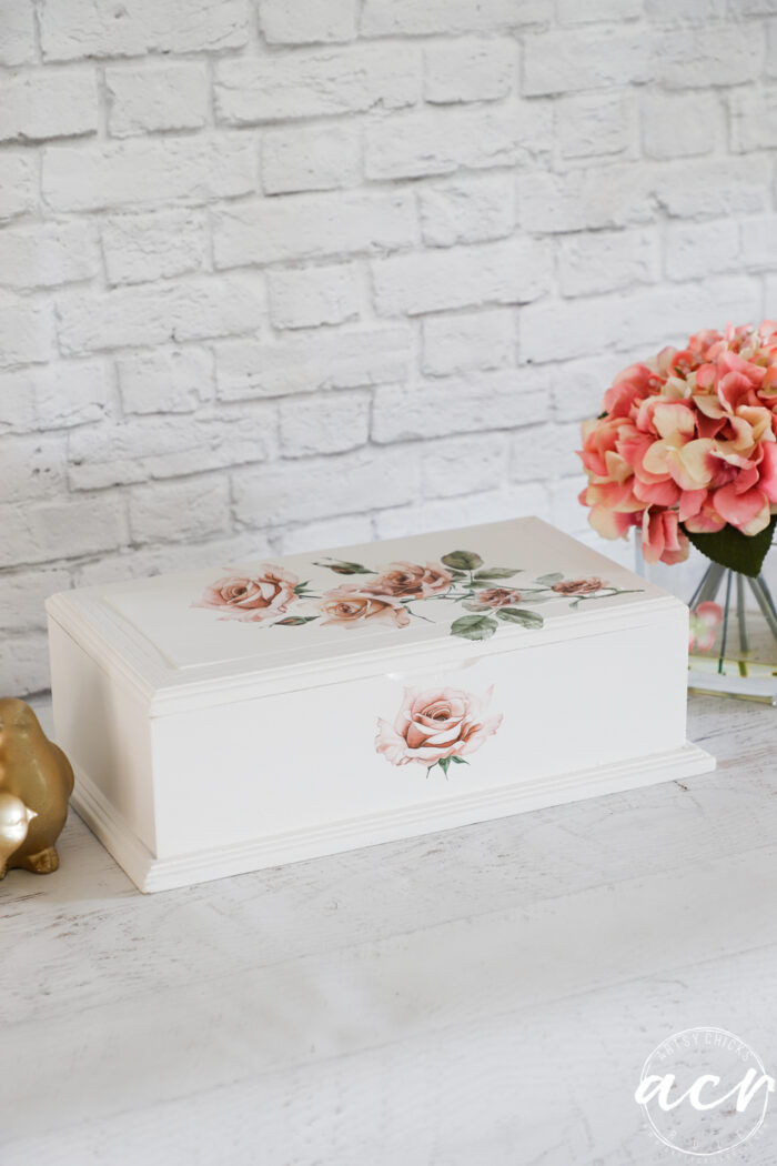 white jewelry box with pink roses , gold birds and pink flowers on other side