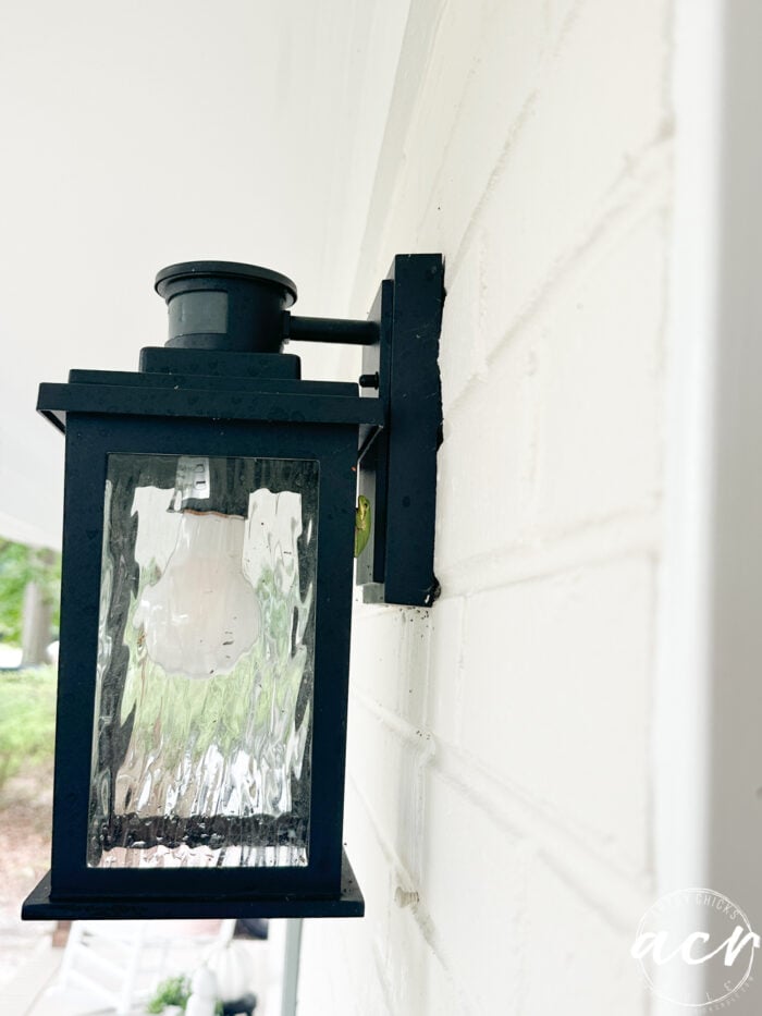 black lantern light on porch with teeny tiny green frog
