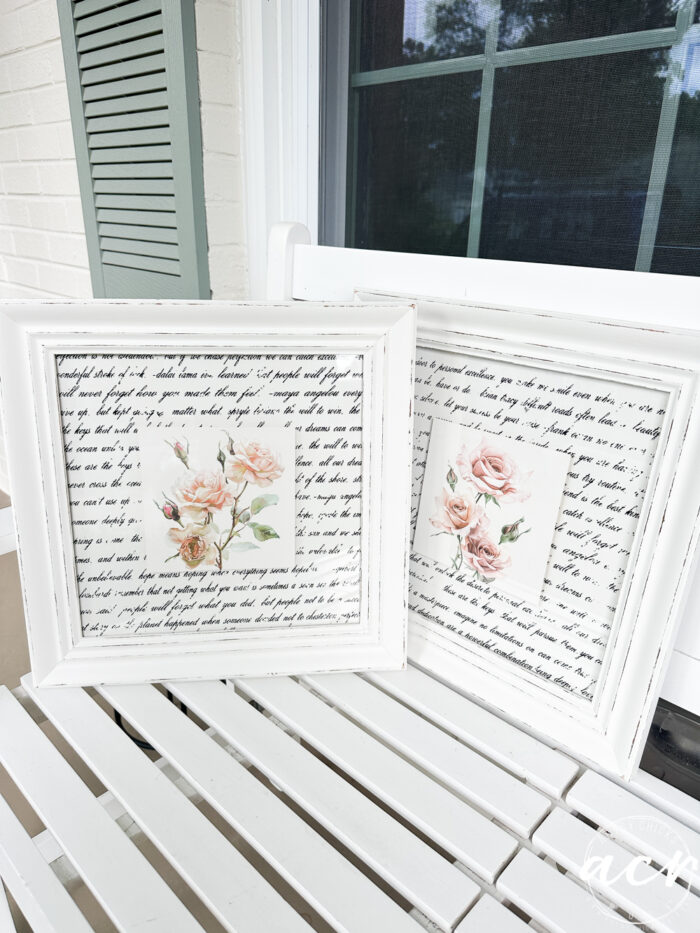 rose and script artwork on white bench