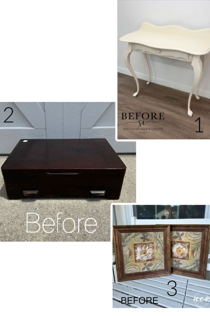 A collage of three before images: 1. An off-white vintage desk with curved legs, 2. A dark brown wooden box or trunk, and 3. Two framed decorative art pieces ready to update old artwork. Each item is labeled before.