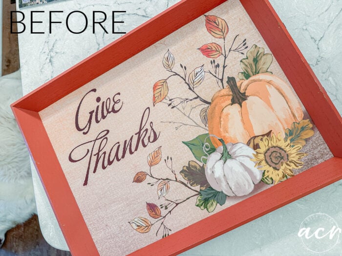 orange tray with give thanks and pumpkins