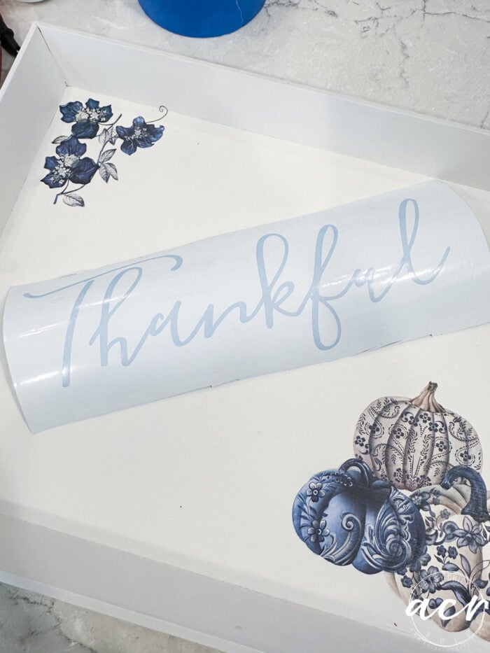 tray with thankful stencil in middle