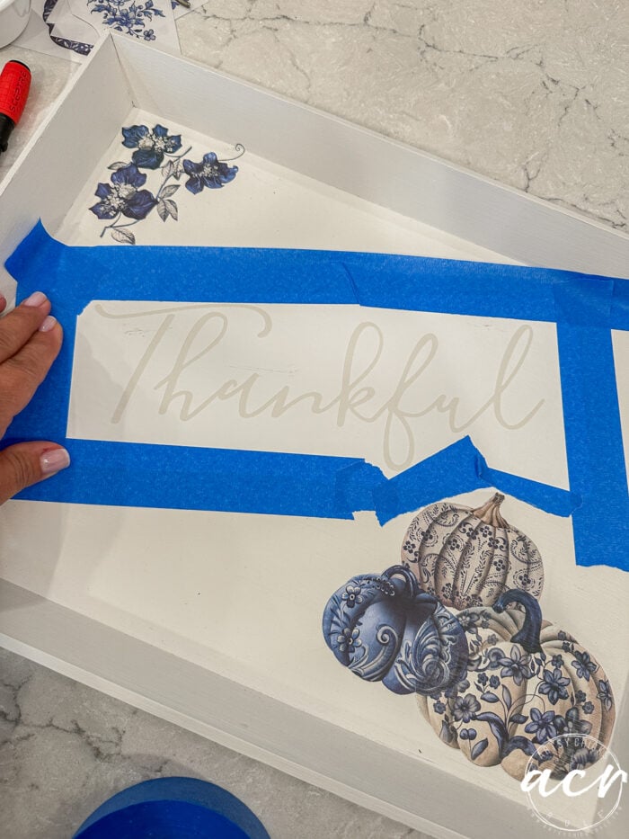 thankful stencil taped and applied to tray