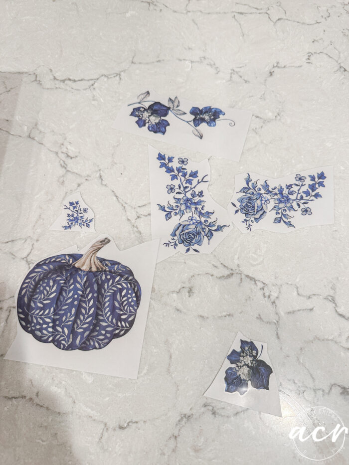 blue and white transfers laying on counter