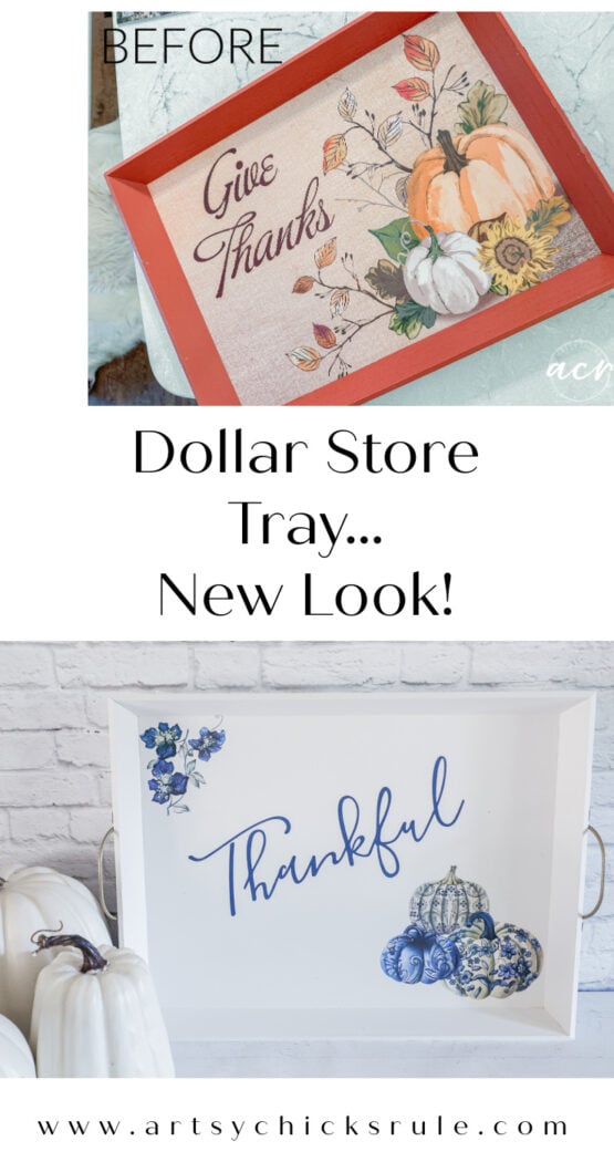 Blue pumpkin transfers and classic white paint created a classy and elegant "thankful" tray for fall!