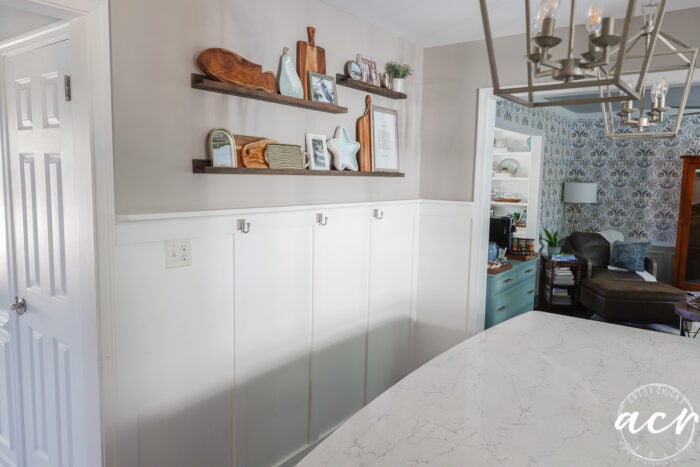 shelves on kitchen wall with decor