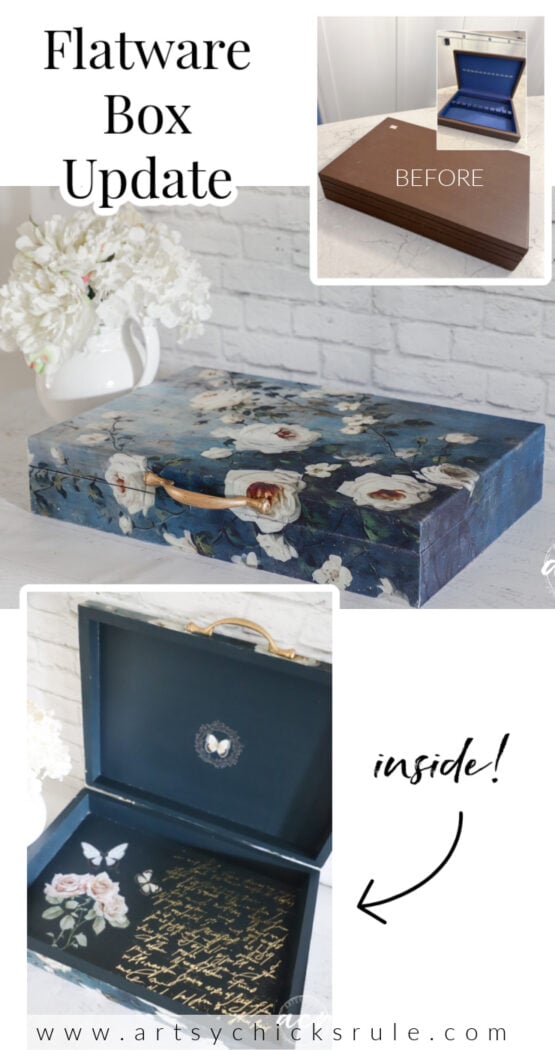 Use decoupage tissue paper to update old flatware boxes! Completely change them up and use them for so many things!