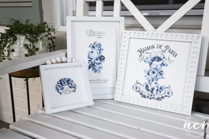 framed art finished and sitting on white bench